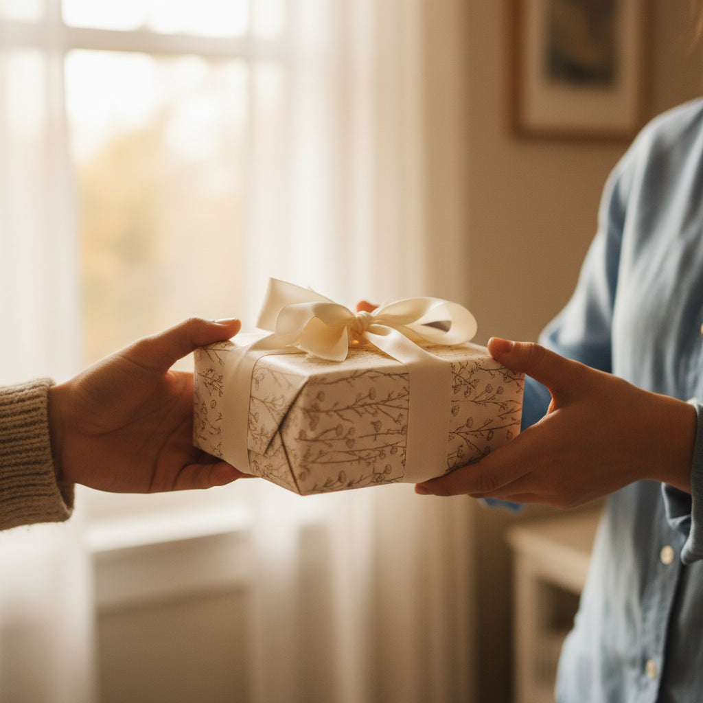 Hands exchanging a gift wrapped in elegant floral wrapping paper with a satin ribbon.