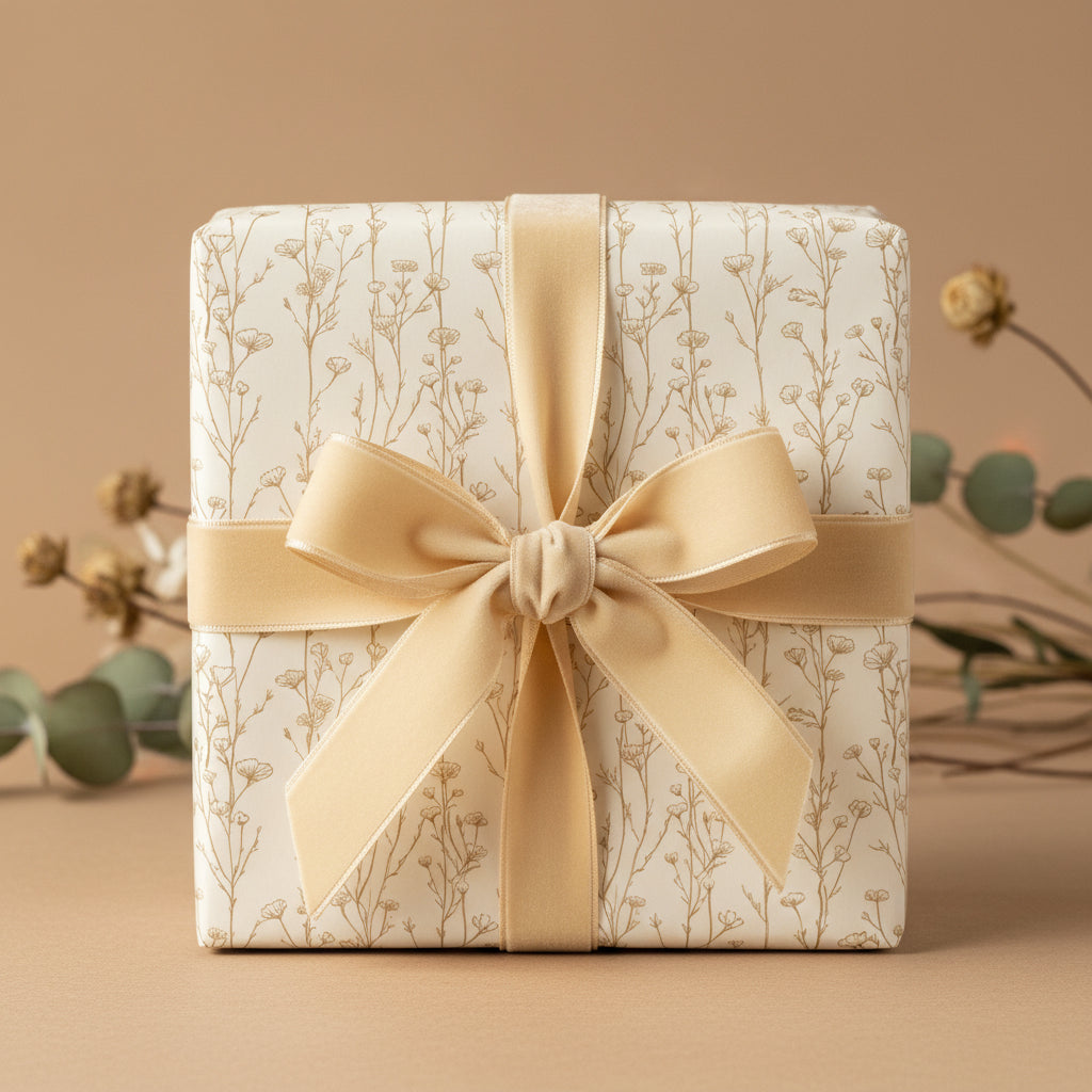 Elegant gift wrapped in cream floral wrapping paper with a gold velvet ribbon and bow.