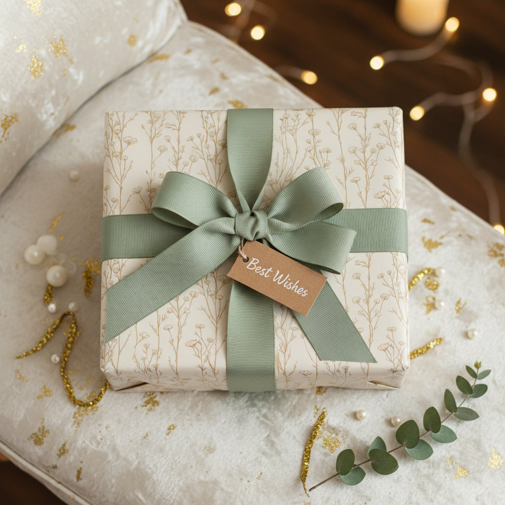Elegant gift wrapped in ivory floral wrapping paper, tied with a sage green ribbon and "Best Wishes" tag.