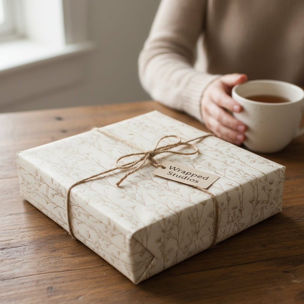Elegant floral wrapping paper with twine bow on a gift box, woman holding mug in background.