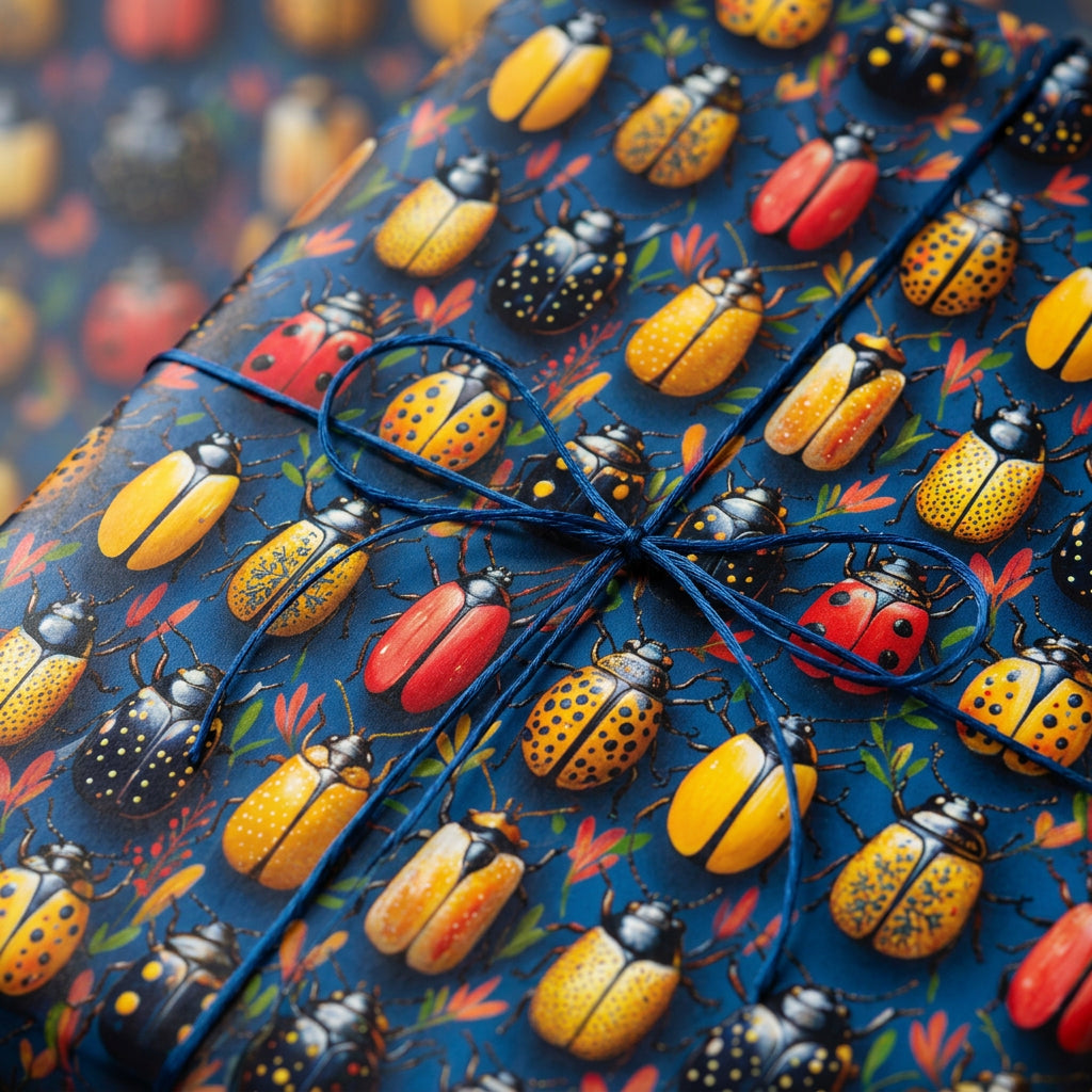 Stylish gift wrapped in bug print wrapping paper and tied with a blue string bow.