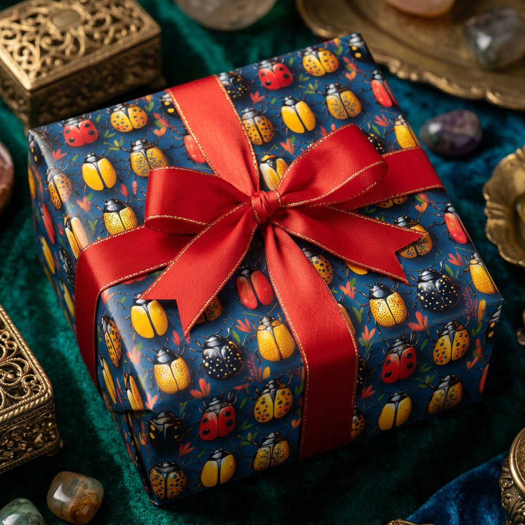 Navy beetle print gift wrap with red ribbon. Wrapped Studios luxury wrapping paper.