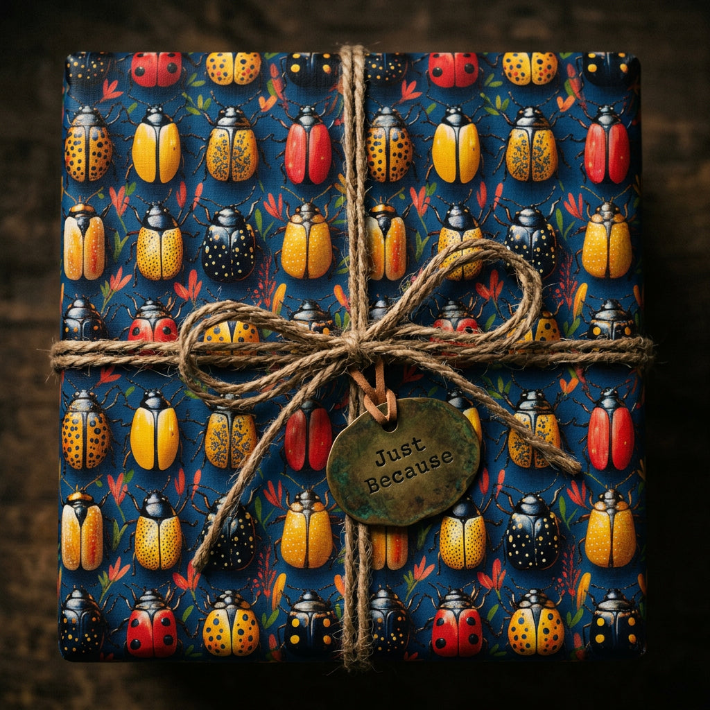 Wrapped gift in colorful beetle-patterned wrapping paper, tied with rustic twine. "Just Because" tag.