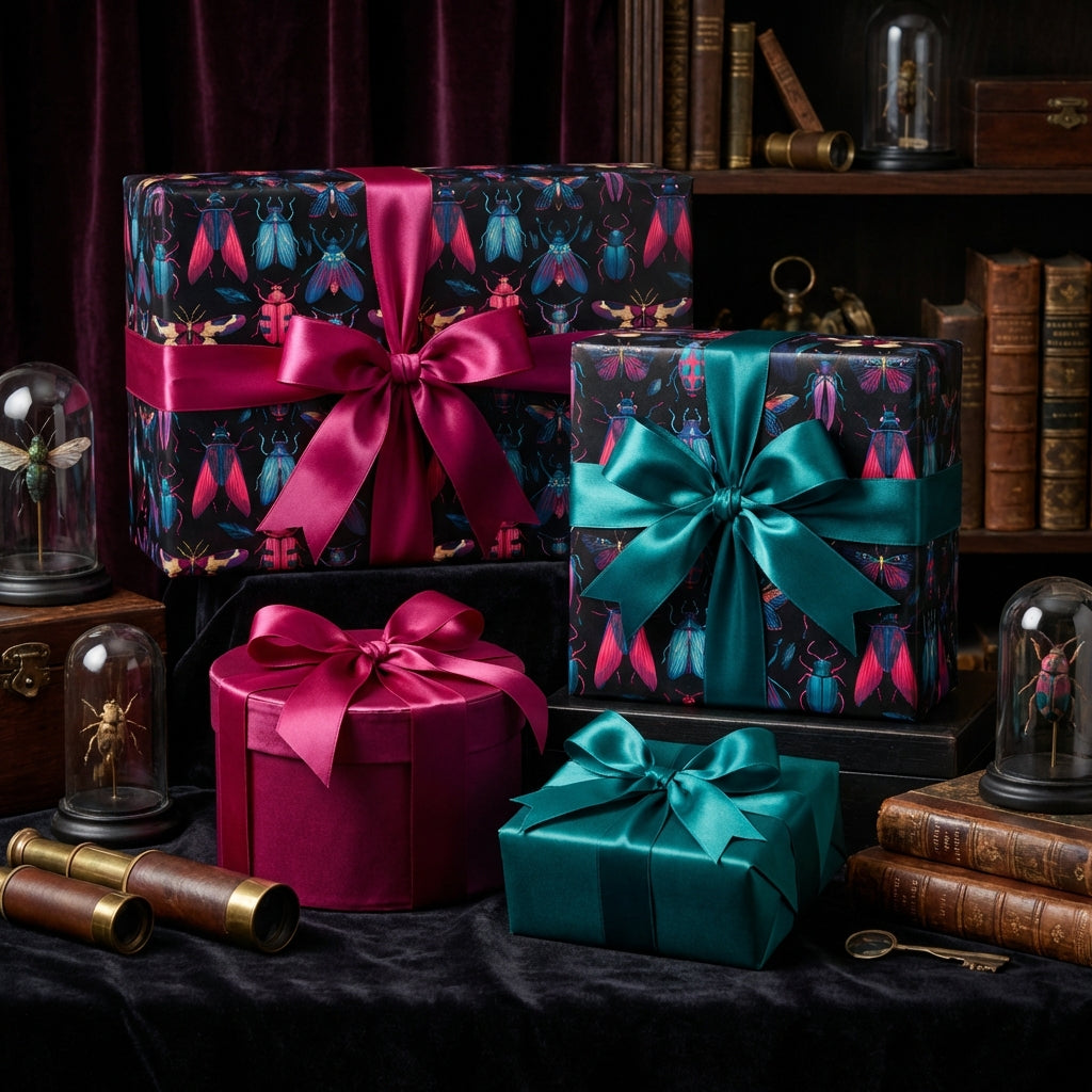 Elegant gifts wrapped in insect-patterned wrapping paper with jewel-toned ribbons for a unique birthday or special occasion.