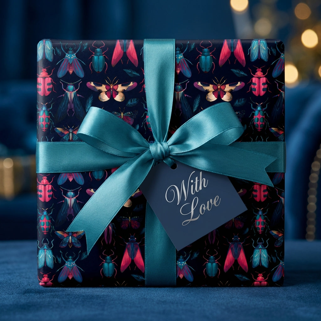 Elegant birthday wrapping paper with insect pattern, teal satin ribbon, and "With Love" gift tag.