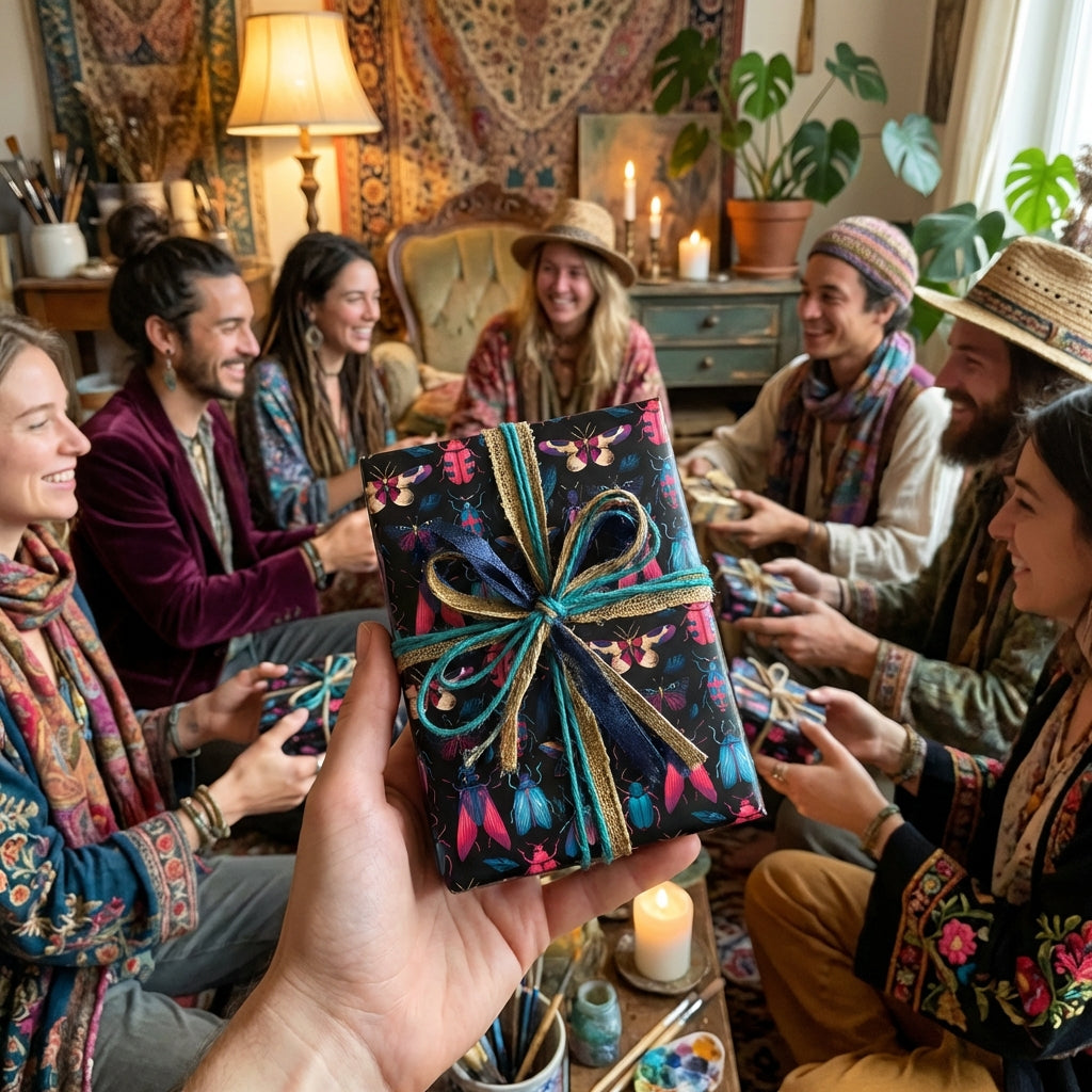 Group exchanging gifts wrapped in black wrapping paper with colorful insect print and ribbon.