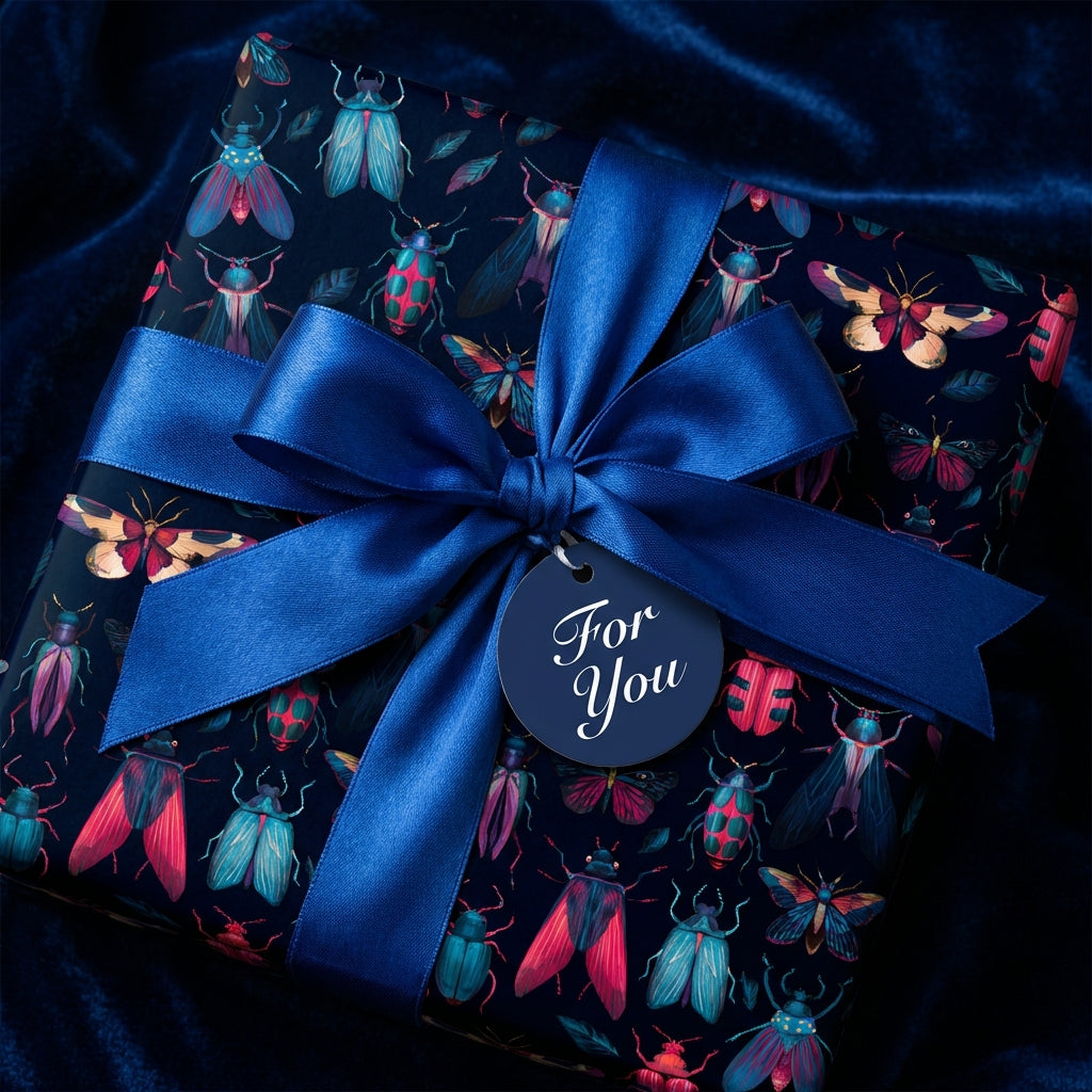Elegant gift wrapped in dark beetle and butterfly wrapping paper with blue satin ribbon, “For You” tag.