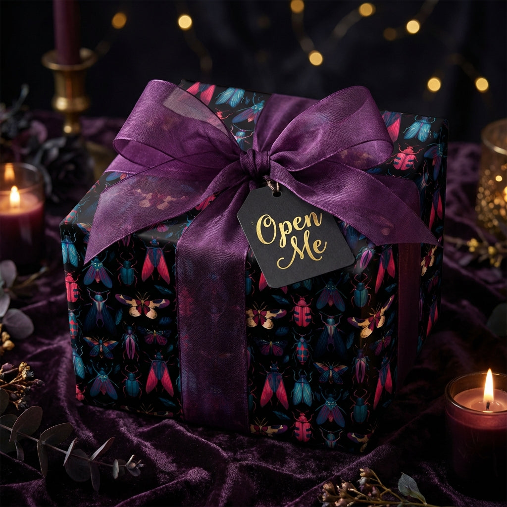 Elegant gift wrapped in dark bug-print wrapping paper with a purple ribbon bow, perfect gothic birthday gift wrap.