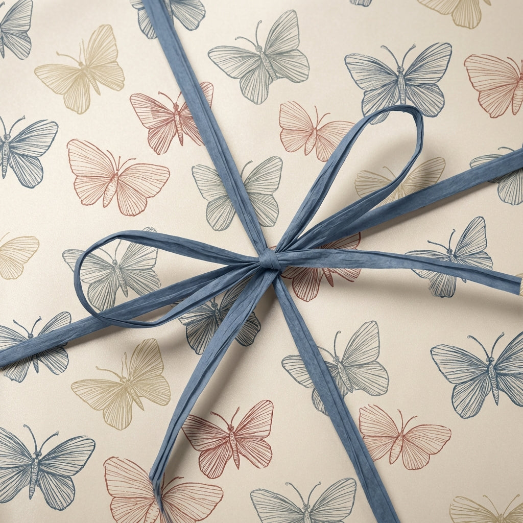 Elegant gift wrapped in butterfly print wrapping paper, tied with a blue raffia ribbon.
