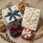 Elegant butterfly wrapping paper with velvet ribbon on gifts for birthday or special occasion.