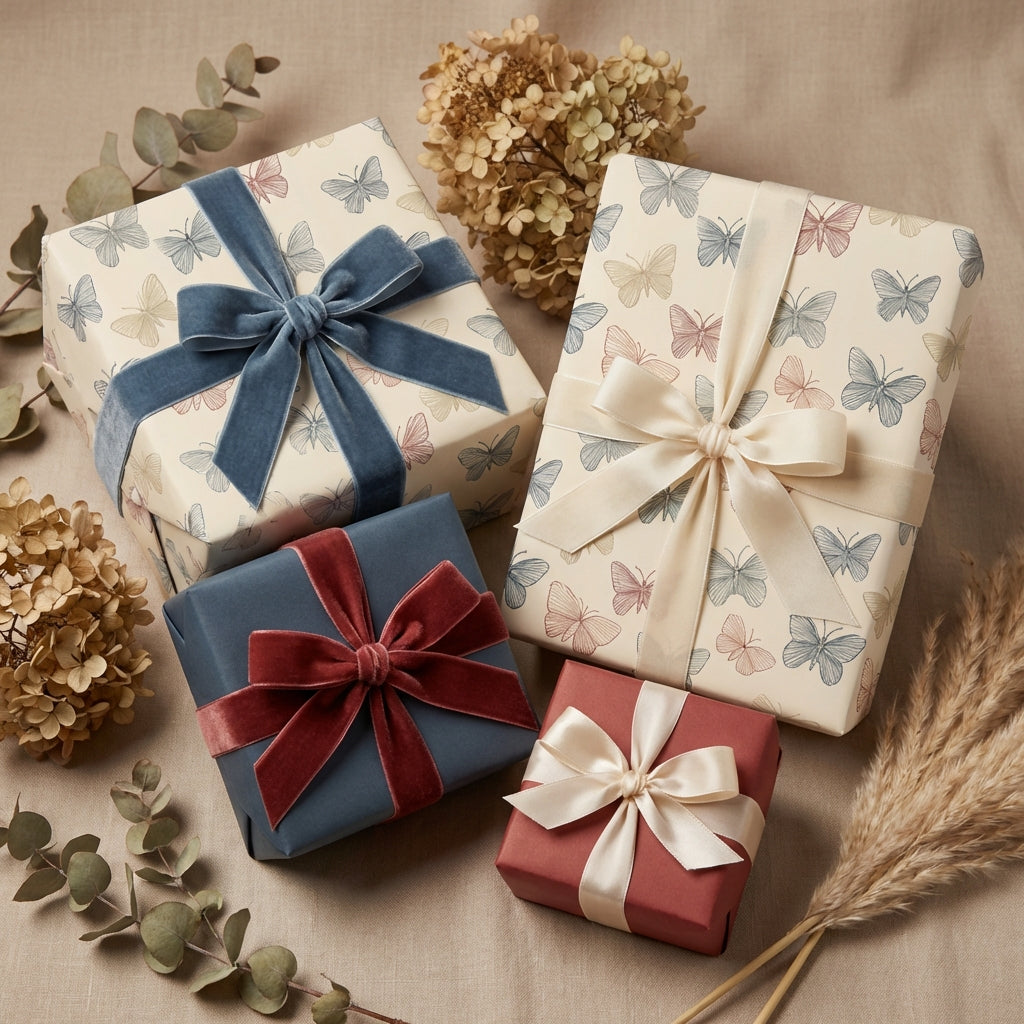 Elegant butterfly wrapping paper with velvet ribbon on gifts for birthday or special occasion.