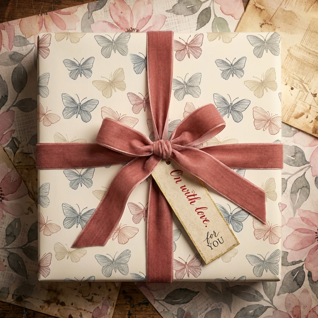 Elegant gift box wrapped in butterfly print paper with a mauve velvet ribbon and "with love" tag.