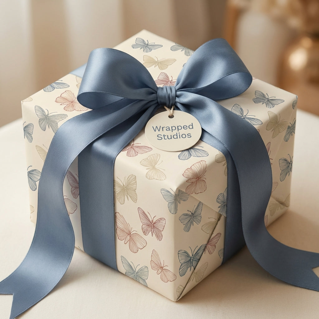 Elegant gift box wrapped in butterfly-patterned wrapping paper with a blue satin ribbon.