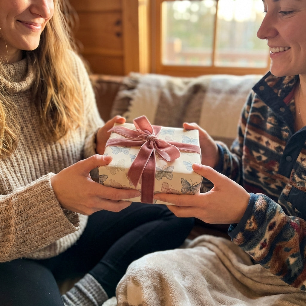 Two women exchanging a gift wrapped in butterfly wrapping paper with a velvet rose ribbon.