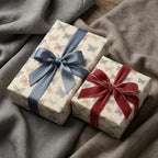 Elegant gift boxes wrapped in cream butterfly wrapping paper with blue and red velvet ribbons.
