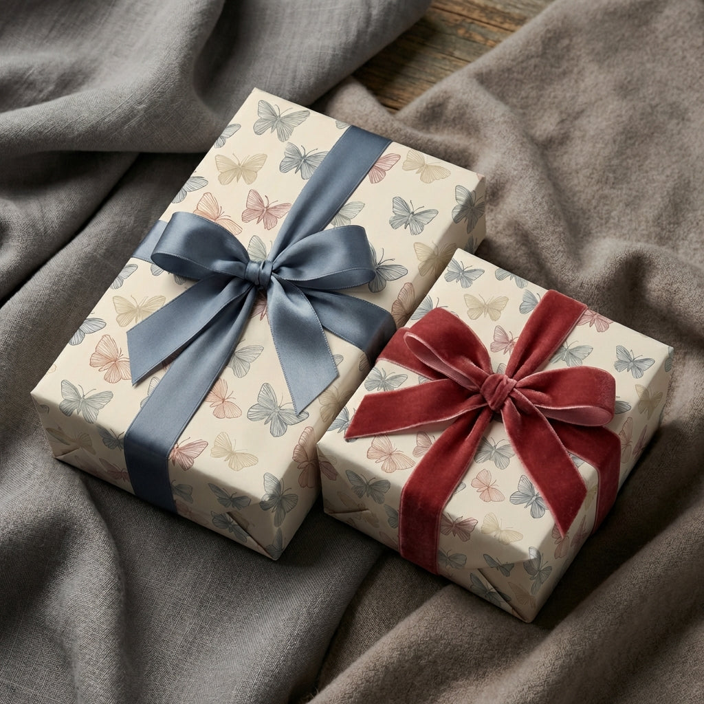 Elegant gift boxes wrapped in cream butterfly wrapping paper with blue and red velvet ribbons.