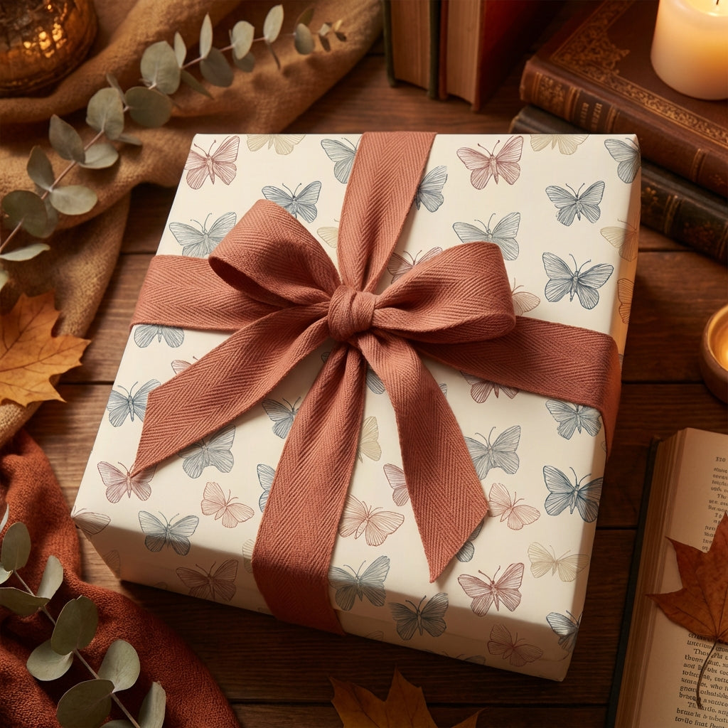 Elegant gift with butterfly wrapping paper and rust-colored ribbon, perfect for birthday or any occasion.