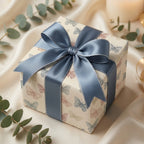Elegant gift box wrapped in butterfly wrapping paper with a blue satin ribbon and bow.