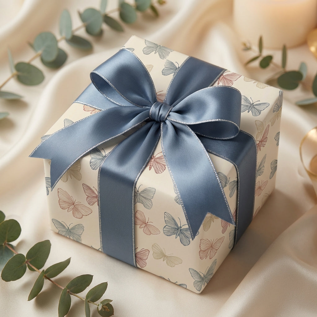 Elegant gift box wrapped in butterfly wrapping paper with a blue satin ribbon and bow.