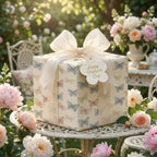 Elegant Mother's Day gift wrapped in butterfly print wrapping paper with a soft ribbon and floral tag in a garden setting.