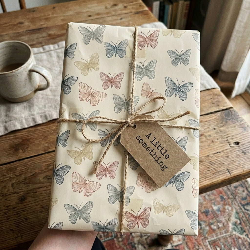 Butterfly patterned wrapping paper on a gift tied with twine and a tag on a wood table.