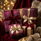 Elegant Christmas gift wrap in burgundy, gold, and star patterns with velvet & satin bows, by Wrapped Studios.
