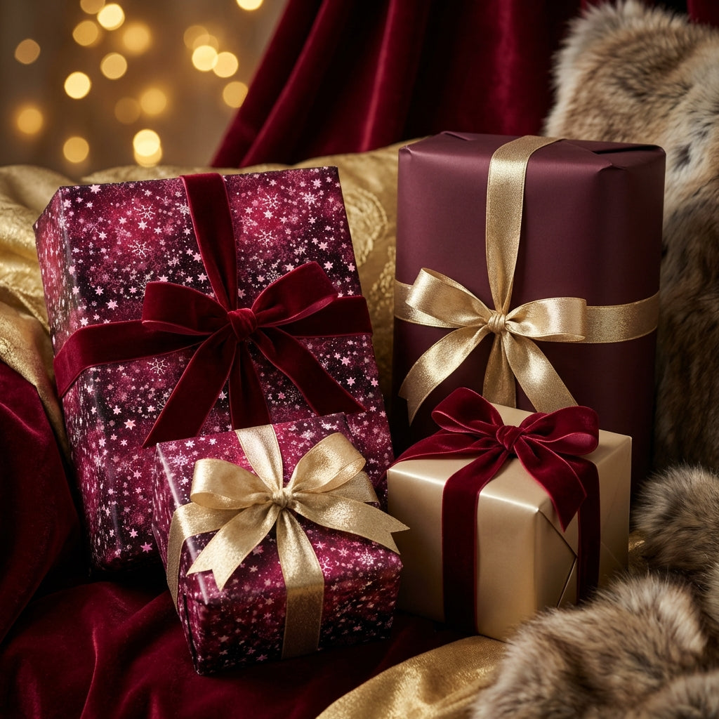 Elegant Christmas gift wrap in burgundy, gold, and star patterns with velvet & satin bows, by Wrapped Studios.