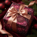 Wrapped Studios luxury Christmas gift wrap with star pattern, satin ribbon, and ornament accents.