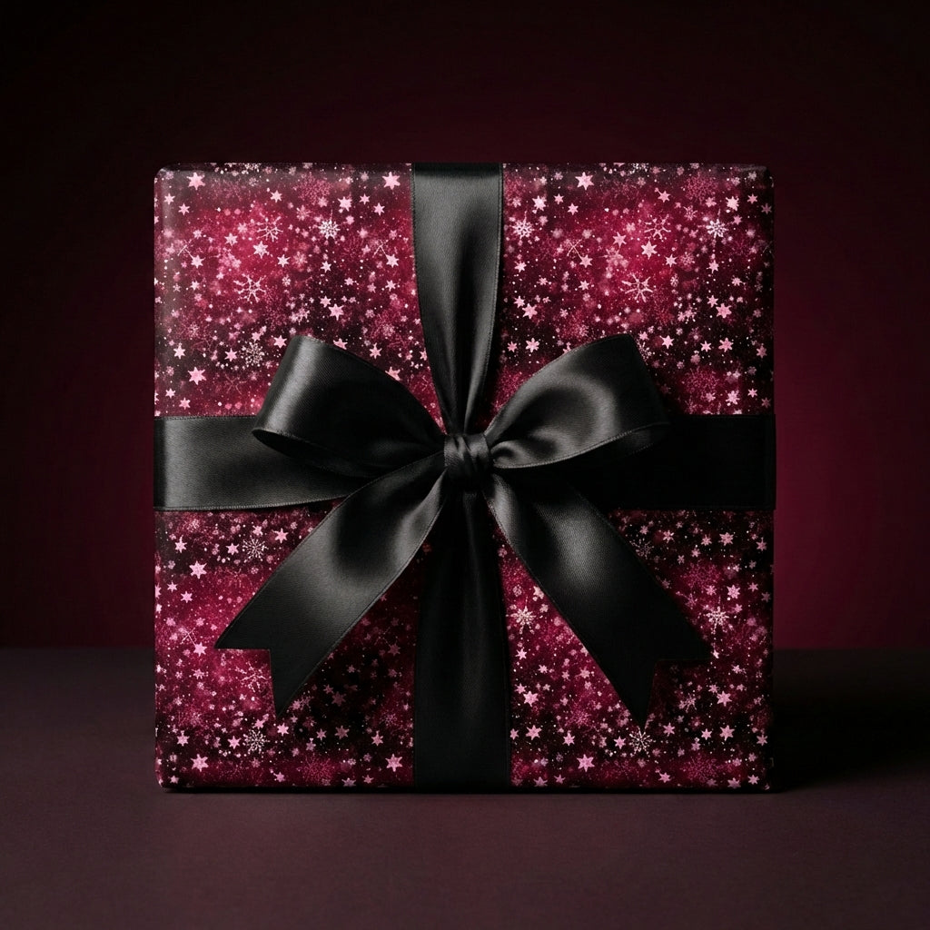 Burgundy Christmas gift wrap with elegant black satin bow.