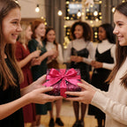 Girls exchanging a dark red gift box wrapped in star patterned birthday wrapping paper with a pink bow.