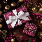 Elegant Christmas gift wrap with white bow, stars pattern on burgundy paper.