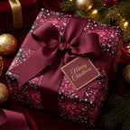 Elegant Christmas gift wrap with star pattern and burgundy ribbon.