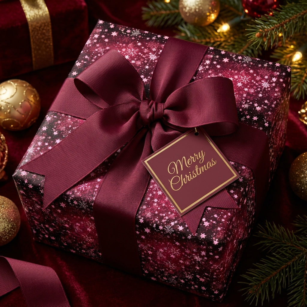 Elegant Christmas gift wrap with star pattern and burgundy ribbon.