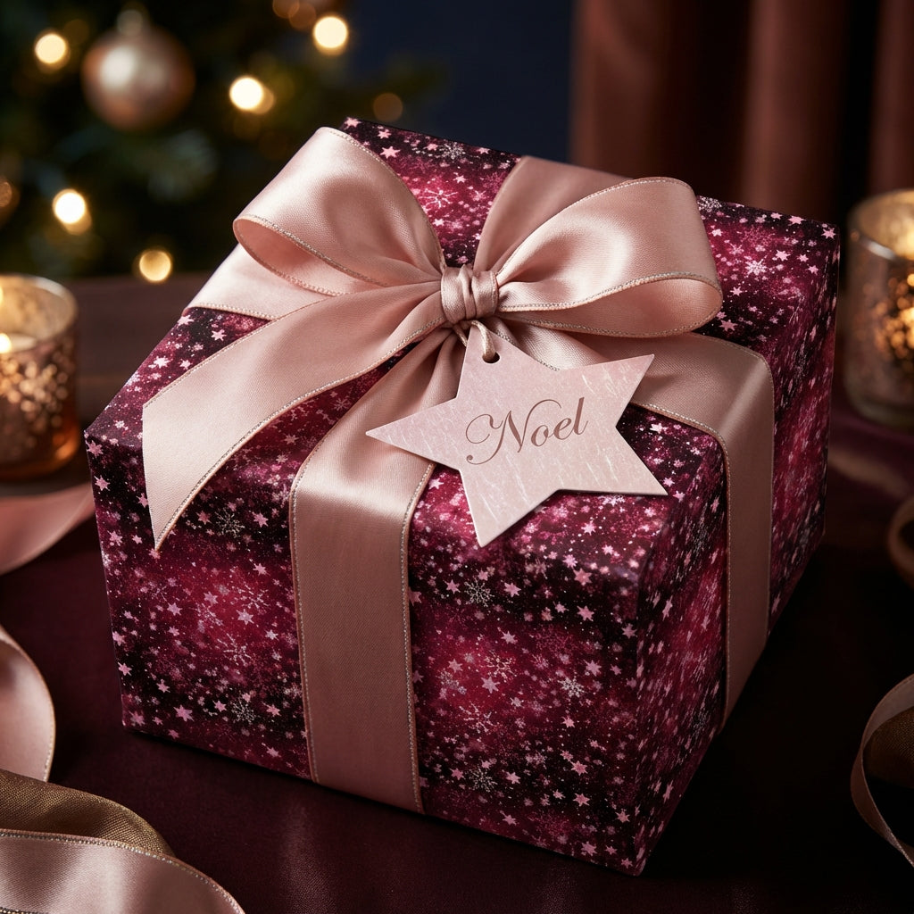 Elegant Christmas gift wrap with burgundy star pattern and a satin ribbon bow by Wrapped Studios.