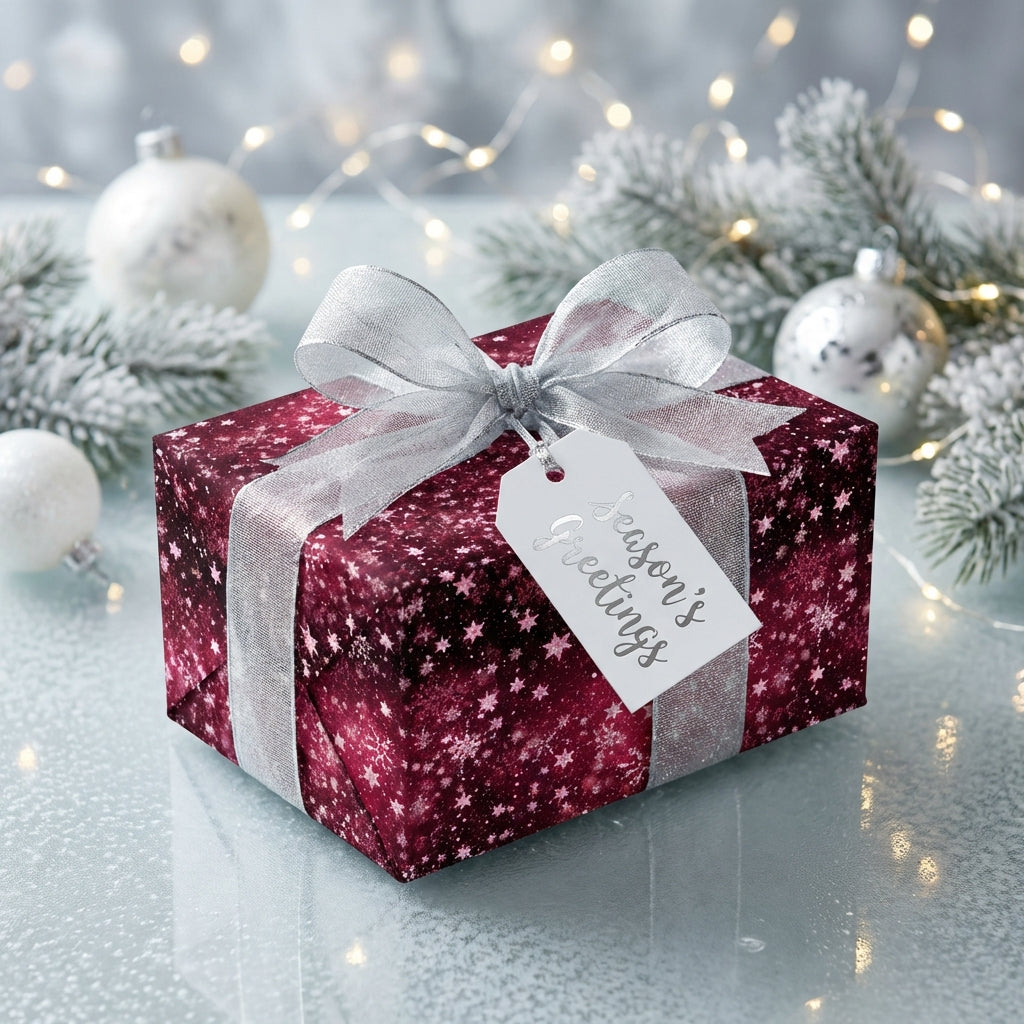 Burgundy Christmas gift wrap with stars, silver ribbon, and "Season's Greetings" tag.