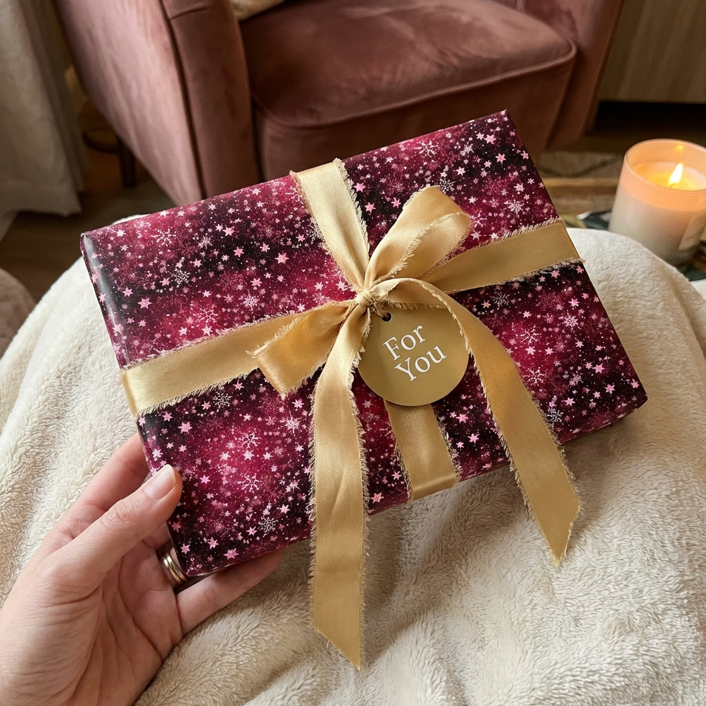 Burgundy Christmas gift wrap with gold ribbon and snowflake pattern.