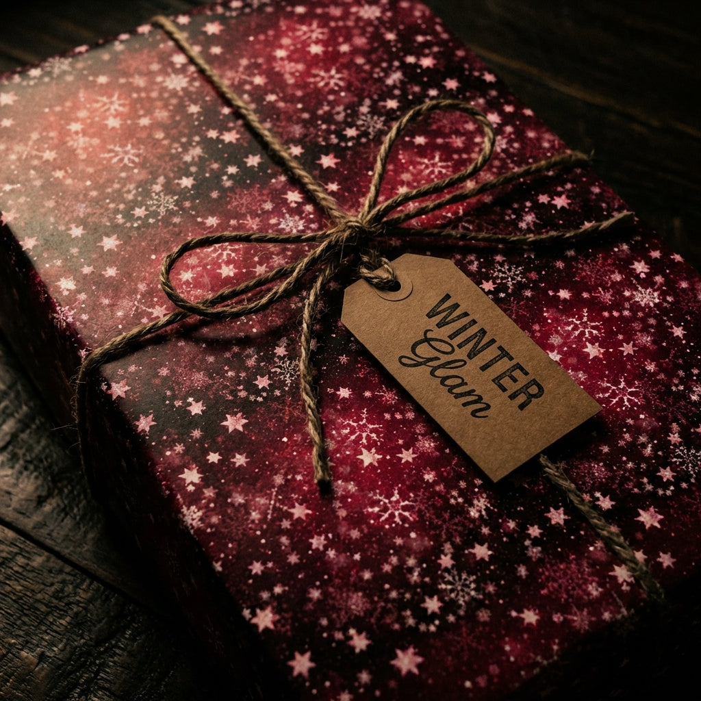 Burgundy Christmas gift wrap with snowflake and star pattern, tied with rustic twine and gift tag.