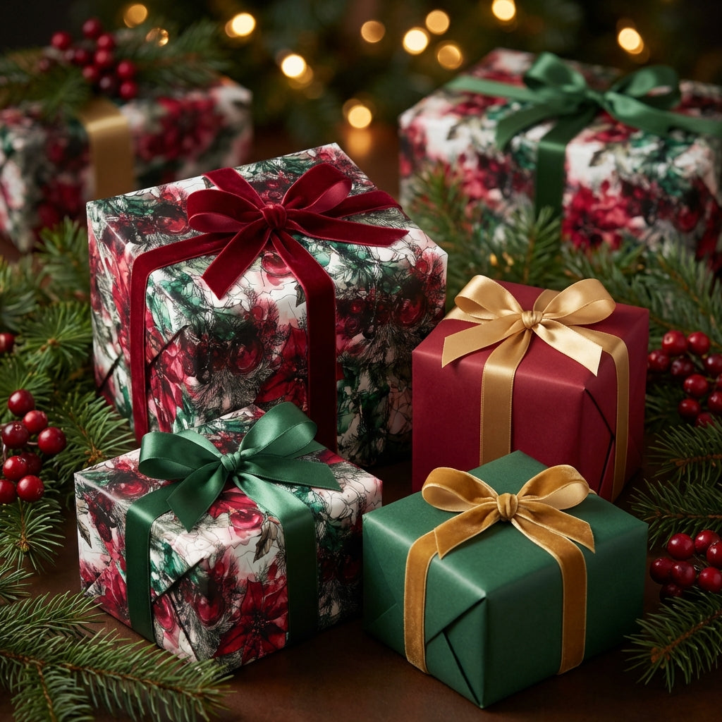 Elegant Christmas gifts wrapped in floral wrapping paper and velvet ribbon.
