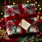 Elegant Christmas gift wrapped in floral paper with red velvet ribbon and a gift tag.