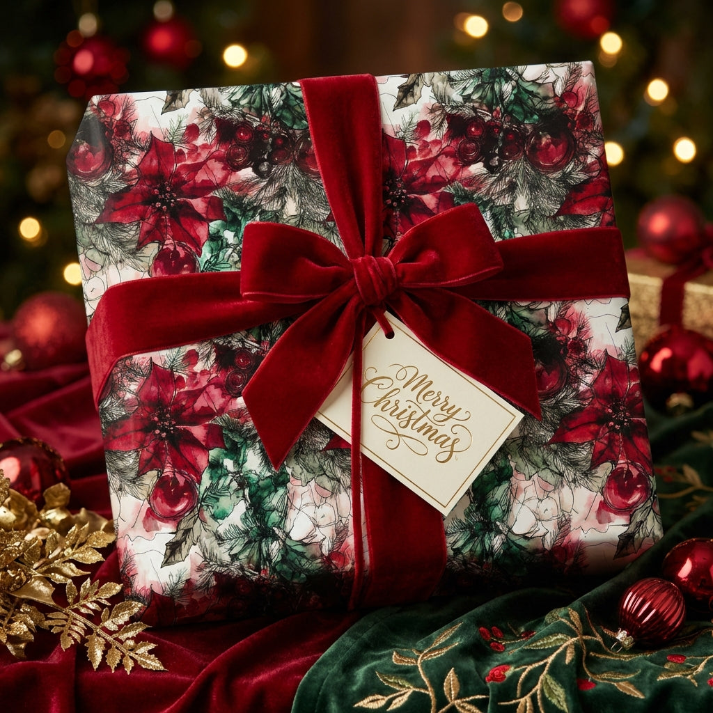 Elegant Christmas gift wrapped in floral paper with red velvet ribbon and a gift tag.