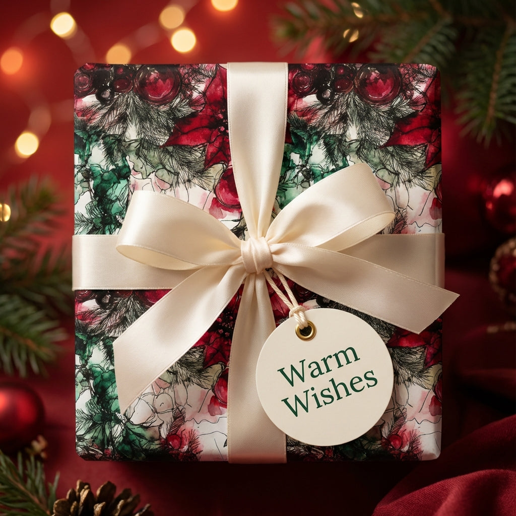 Elegant Christmas gift wrap with a floral pattern and satin ribbon, available at Wrapped Studios.