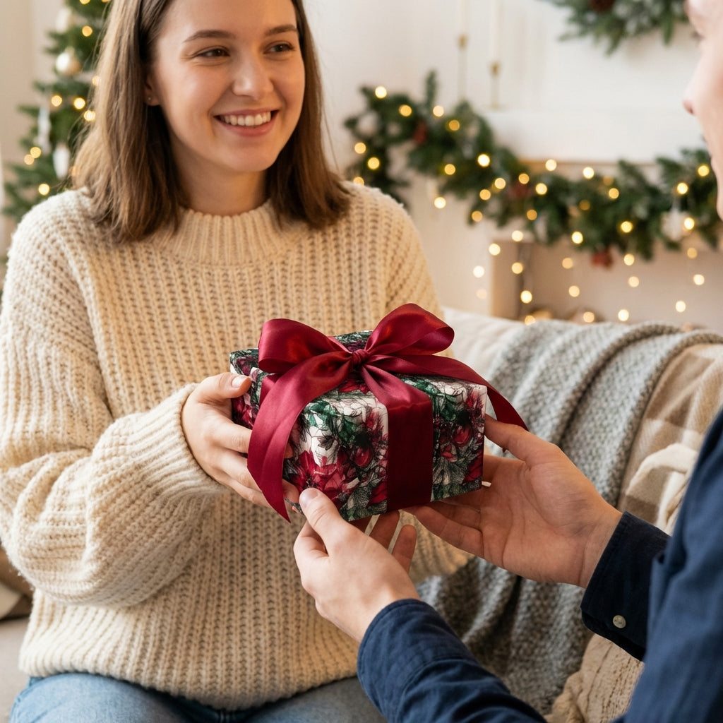 Woman receiving Christmas gift wrapped in floral wrapping paper with red ribbon.