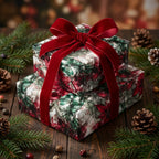 Stacked Christmas gifts wrapped in floral wrapping paper with red velvet ribbon.