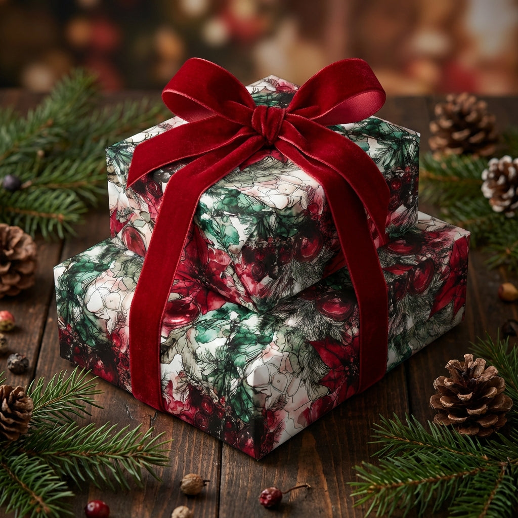 Stacked Christmas gifts wrapped in floral wrapping paper with red velvet ribbon.