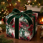 Elegant floral Christmas gift wrap with a velvet green ribbon and cozy holiday background.
