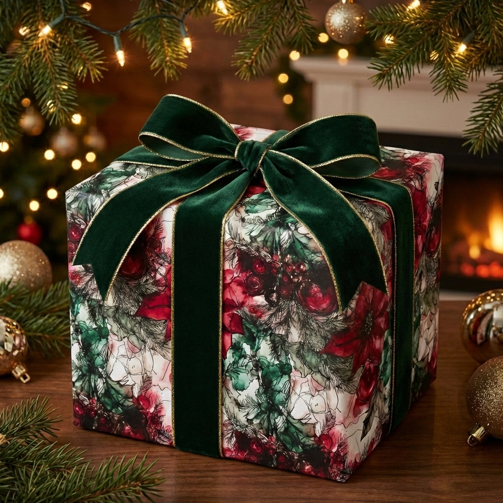 Elegant floral Christmas gift wrap with a velvet green ribbon and cozy holiday background.