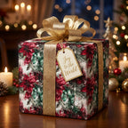 Elegant Christmas gift wrap with gold ribbon & poinsettia floral pattern. "Joy to the World" gift tag.