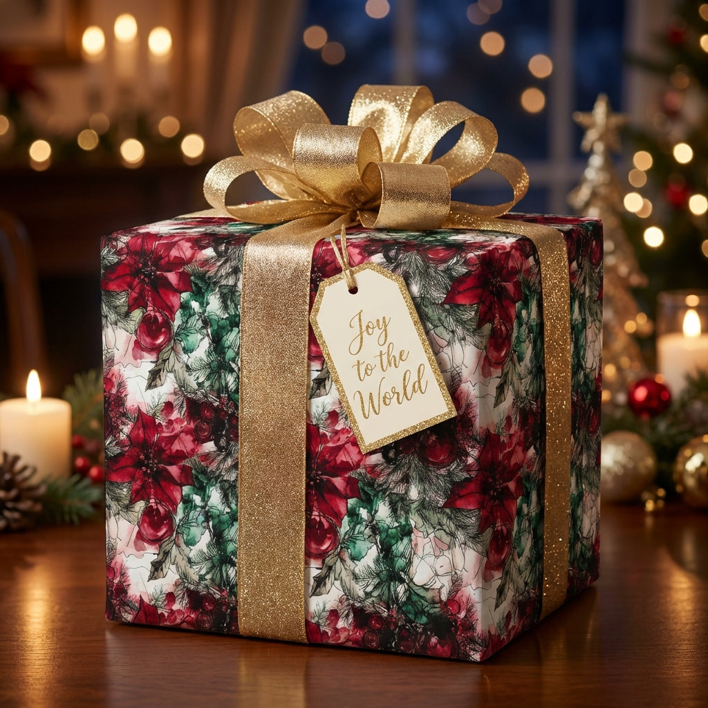 Elegant Christmas gift wrap with gold ribbon & poinsettia floral pattern. "Joy to the World" gift tag.