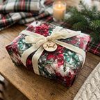 Christmas gift with poinsettia wrapping paper, tied with cream velvet ribbon and "Noel" tag.