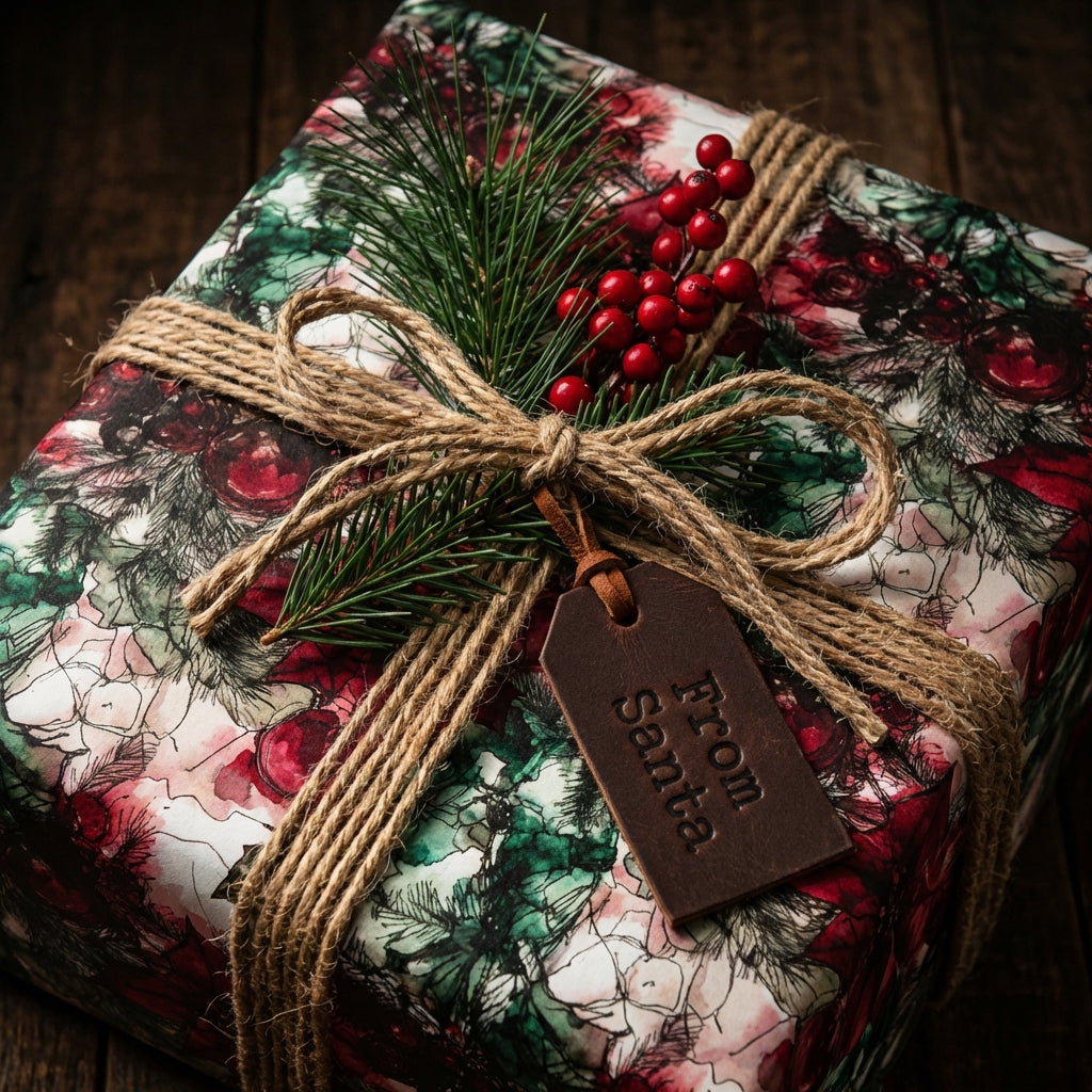Elegant Christmas gift wrap with rustic twine bow, pine sprigs, and "From Santa" tag.